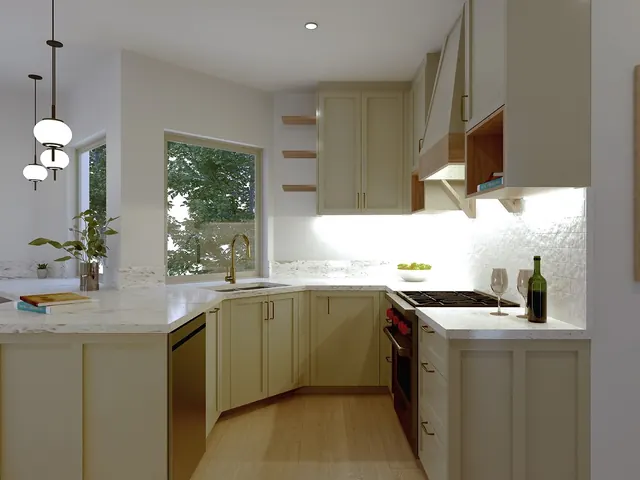 3D rendering of a U-shaped kitchen with sage shaker cabinets, a tapered range hood, open wood shelves and brass fixtures