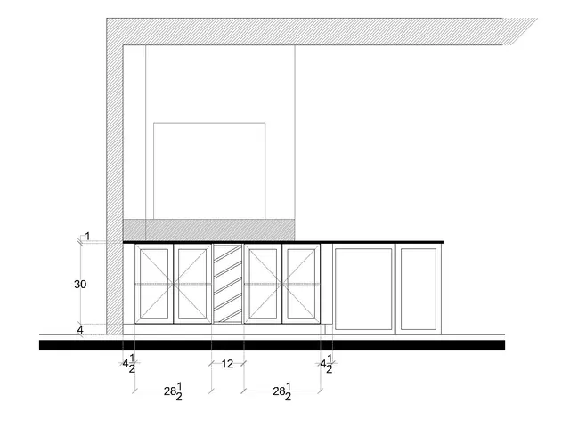 Dimensioned cabinet elevation drawing showing glass-front doors and a diagonal wine rack