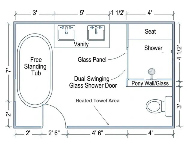 Dimensioned ensuite floor plan with freestanding tub, double vanity, walk-in shower with pony wall and heated towel area