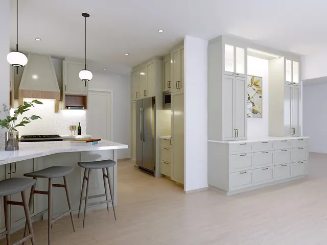 3D rendering of an open kitchen with a curved peninsula, bar stools and a built-in pantry and display wall